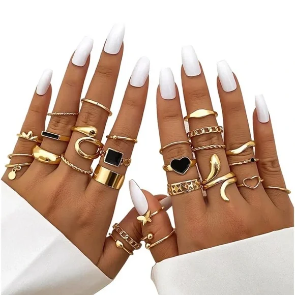 Gold Plated Stackable Ring Set – Stainless Steel, Black Enamel Accents - Picture 3 of 4